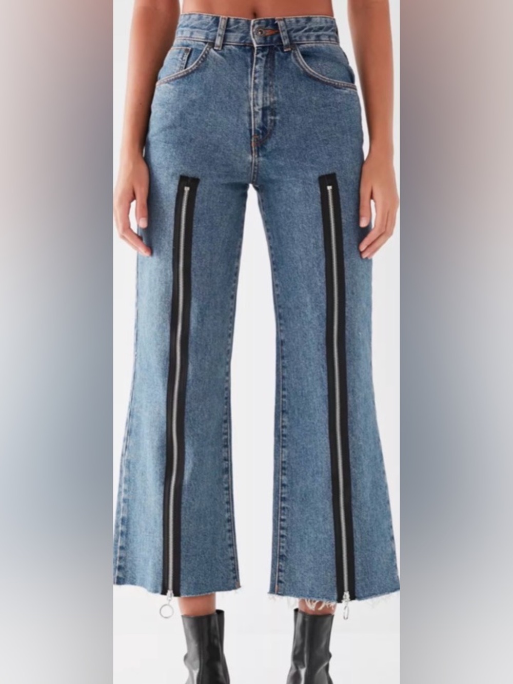 The Ragged Priest Blue Denim Flare Jeans with Black Zippers